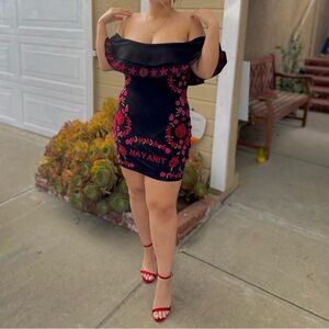 Black Off-Shoulder Dress with Red Floral Embroidery